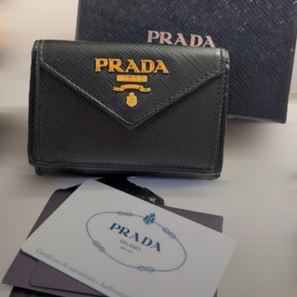 Prada Black Saffiano Leather Trifold Wallet with Gold Logo